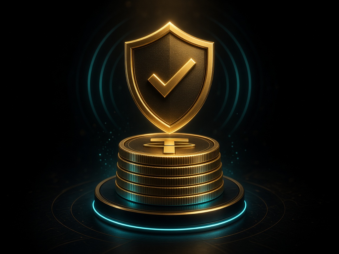 Approved payout shield with a gold checkmark above stacked USDT coins