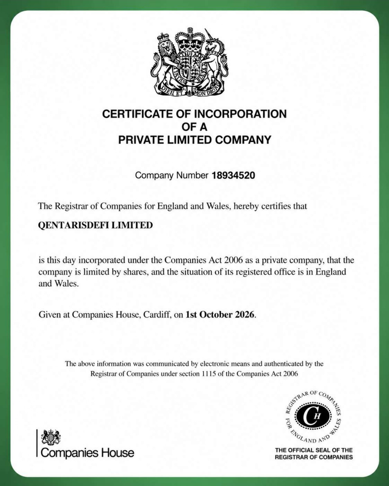 Certificate of Incorporation of QENTARISDEFI LIMITED, company number 18934520